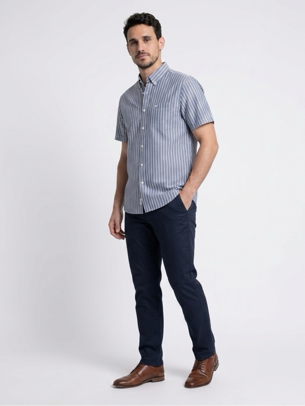 Dockers Button Up Shirt Men's L Gray White Striped Short Sleeve Pocket